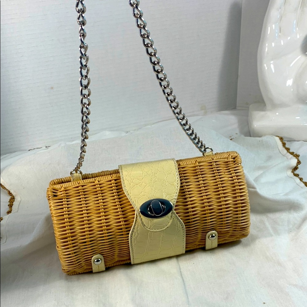 Women’s Beige and Cream Wicker and Reptile Print Patent Leather Chain Strap Bag